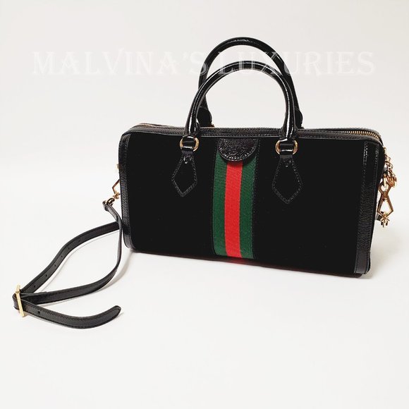 GUCCI BAG 524532 OPHIDIA BOSTON BLACK SUEDE WEB STRIPE GG LOGO CHARM - Picture 8 of 16